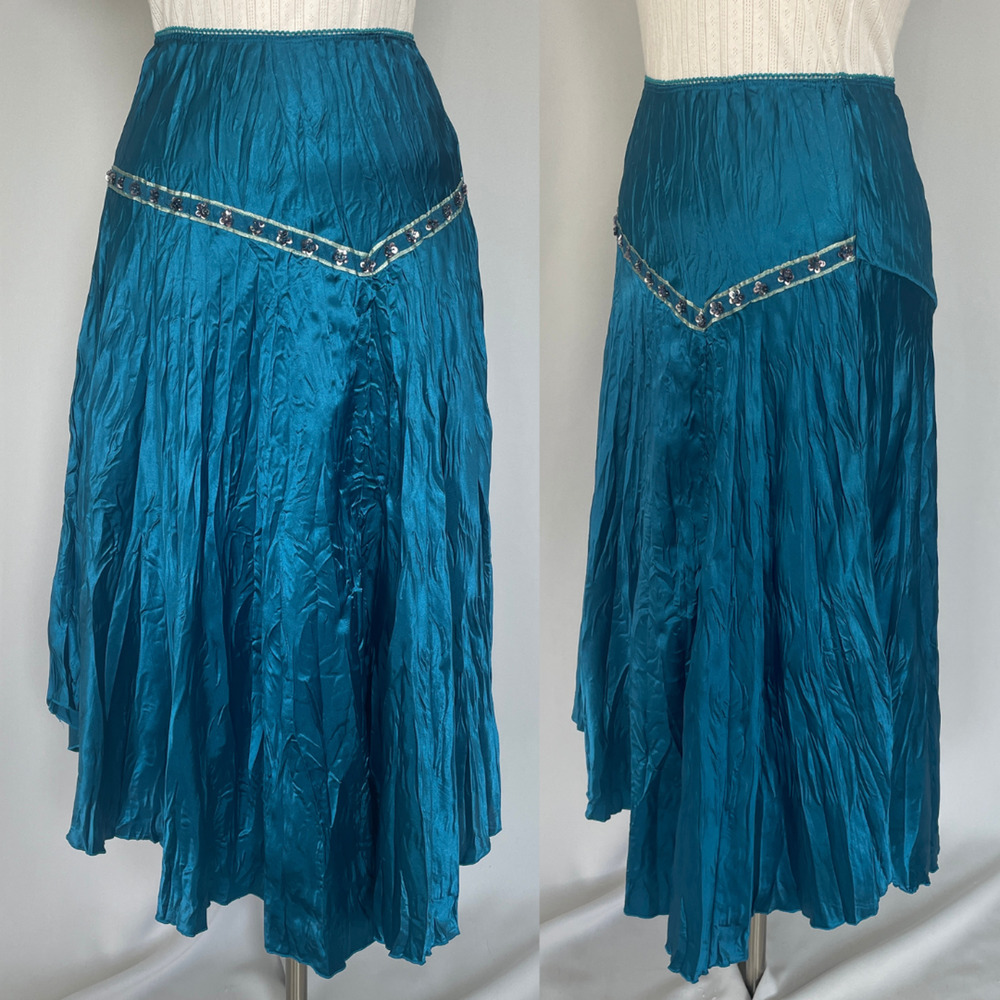 Y2K Maxi Skirt Medium Blue Satin Asymmetric Rhinestone Fairy Glam Mermaid Vtg